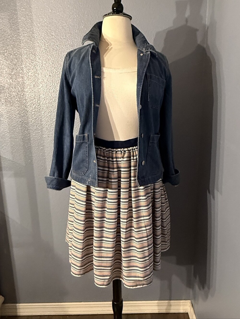 Fox & Shrew Striped Blue & Cream Midi Skirt Size 14